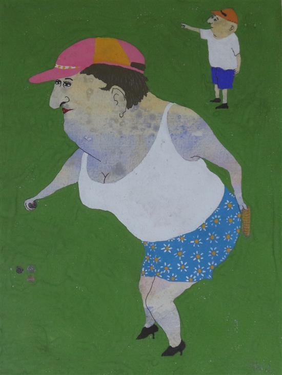 Elizabeth Sabala, gouache on paper, A game of boules, signed, Art Supermarket label verso, 30 x 22cm